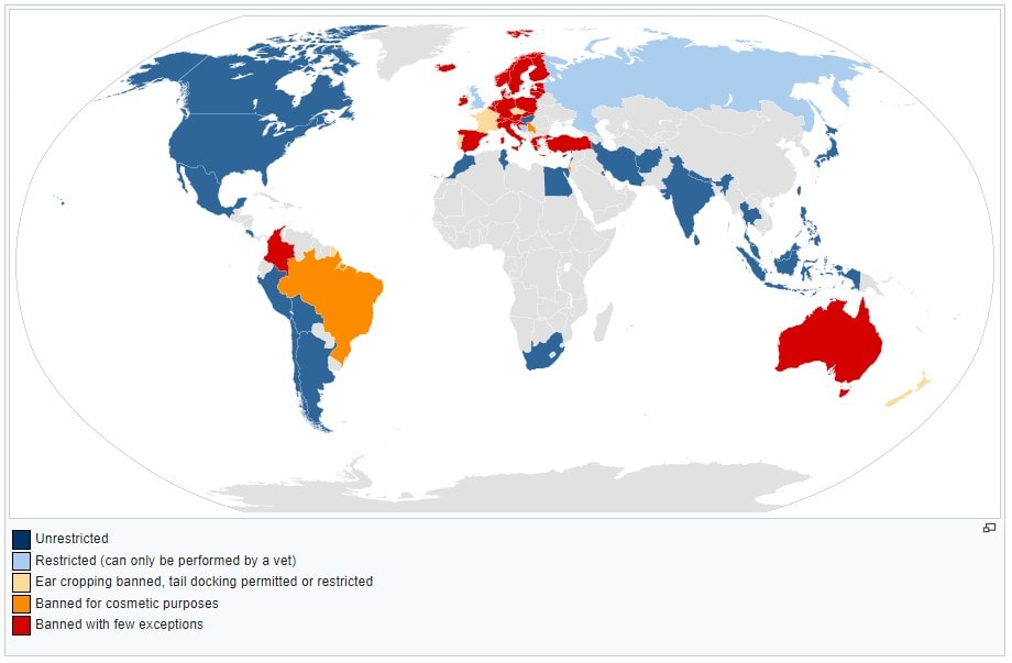 Map of various countries where ear cropping and tail docking are legal.